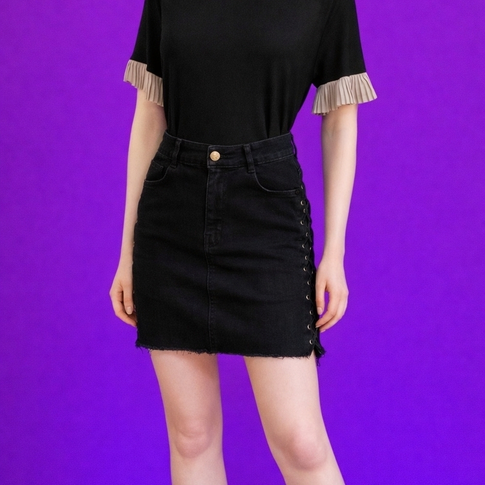 3/$30 BLACK LABEL Denim Lace-up Sides Raw Hem Gothic Grunge Mini Skirt